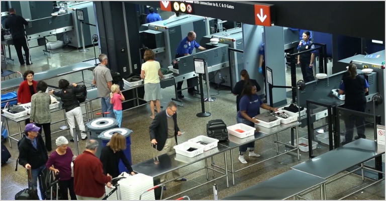 Overhead view of people going through a TSA checkpoint.