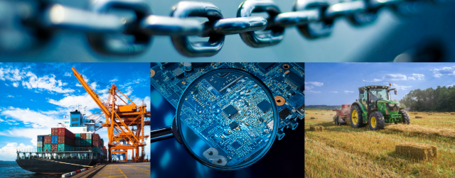 A collage featuring four different photographs. A background photo in the upper part of the image is a blue background with a metal link chain in the middle. The bottom left photo shows a close-up of a bright blue sky with fluffy clouds and displays an orange cargo crane at a shipping port with containers. The bottom middle photo is an intricate close-up of blue circuit board components. In the bottom right is an image of agricultural machinery in a field under a clear sky. Each photograph represents different aspects of supply chain resilience issues and solutions relevant to homeland security.